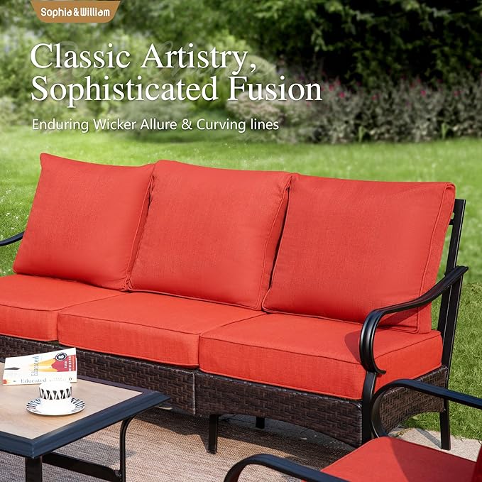 Sophia & William Patio Furniture Set, 5 Piece Metal Outdoor Conversation Set with 3-Seater Outdoor Couch, 2 Swivel Chairs, 1 Loveseat,1 Coffee Table for Outdoor Seating, Backyard, Porch(Red)