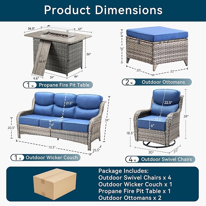 Luxury High Back Outdoor Furniture 6-Inch Thick Cushions with 50,000 BTU Gas Propane Fire Pit Tablet, Patio Furniture Set with Swivel Chairs, 8 PCS for Porch, Balcony, Deck and Yard