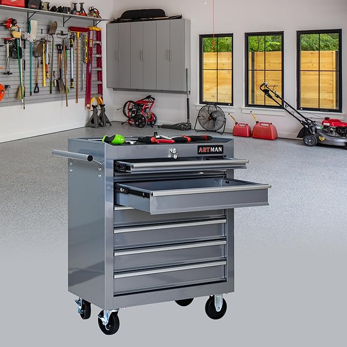 RYH 7 Drawers Rolling Tool Chest & Tool Box on Wheels | Heavy Duty Metal Cart with Ball Bearing Drawers | Fits US General Tool Box for Garage Storage (Silver, 7 Drawers£¨29.9 H ¡¿ 24.2 W ¡¿ 12.9 D)