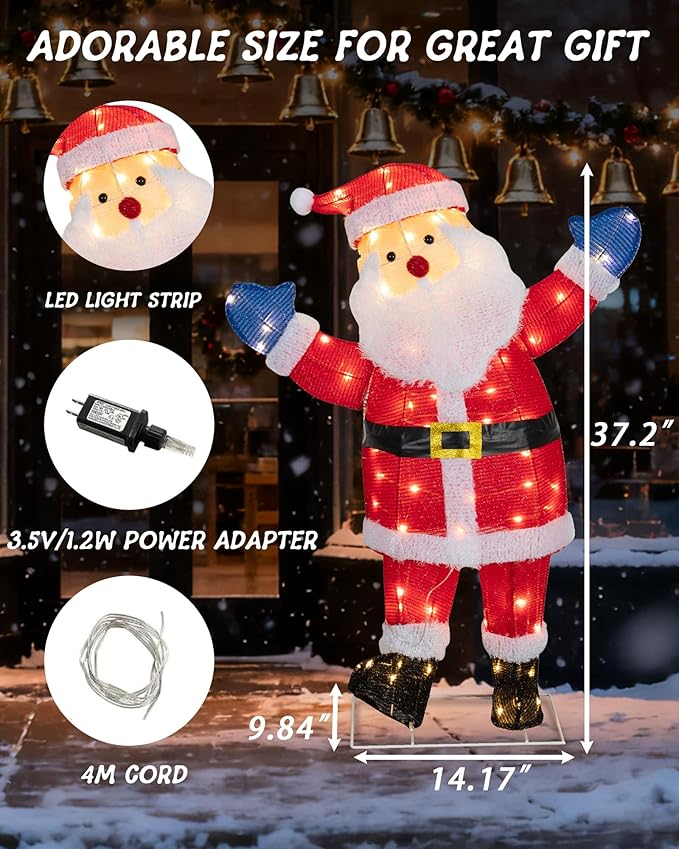 37'' Santa Claus Outdoor Christmas Decorations with 80 LED Lights, Lighted Christmas Outside Decor for Lawn Yard Garden Indoor Outdoor Party
