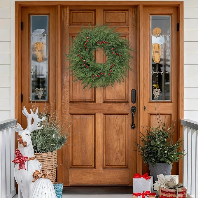 Lush Christmas Wreaths for Front Door with Red Berries Christmas Decorations 24 inch Real Touch Faux Cedar Wreath Large Winter Green Wreaths for Windows Outdoor Indoor Walls Home Xmas Holiday Decor