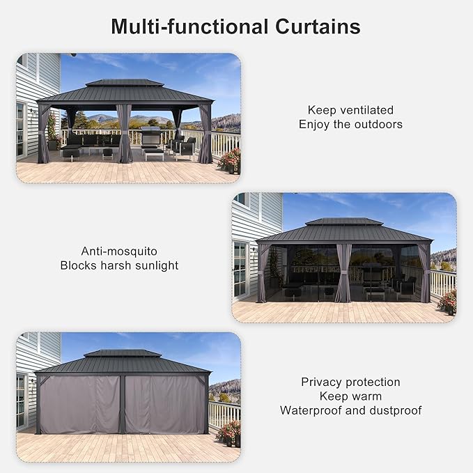 PURPLE LEAF 14' X 20' Outdoor Gazebo with Galvanized Steel Metal Roof Permanent Hardtop Gazebo for Patio Lawn and Garden Large Pavilion Grey