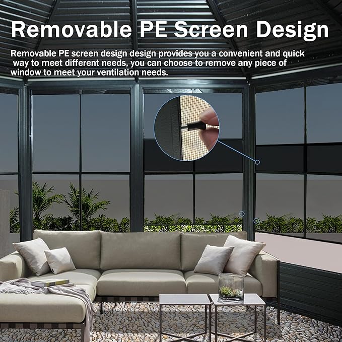 Domi 13 x 13 Sunroom Octagonal Solarium,Screen Houses for Outdoors Backyard with Lockable Sliding Door,Moveable PC Screen,Galvanized Steel Sloping Roof