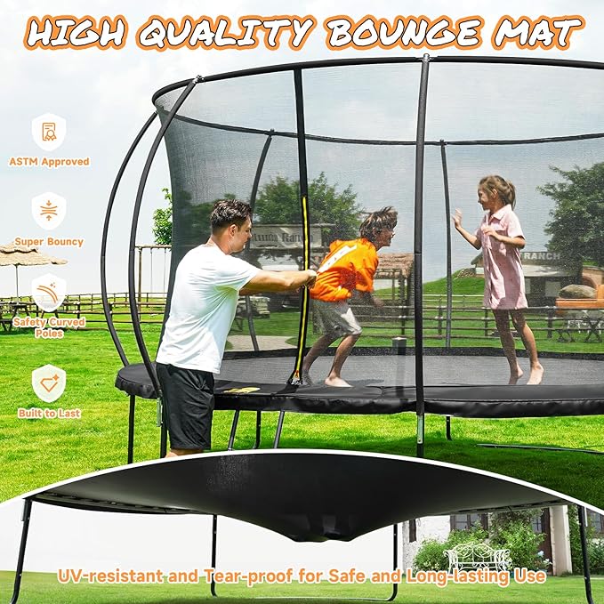 10FT 12FT 14FT 15FT 16FT Outdoor Trampoline with Enclosure Net, Heavy Duty Yard Trampolines, ASTM Approval Recreational Trampolines for Kids and Adults