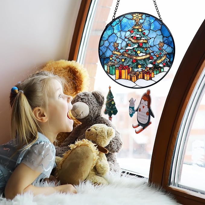 TNUW Christmas Tree Stained Glass Window Hanging, Winter Tree Xmas Sun Catchers Indoor Window Glass Round Wall Art Decor, Winter Christmas Wall Hanging Decorations, 7.9＂x7.9＂