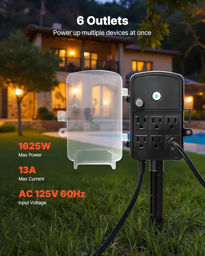VEVOR Outdoor Power Stake Waterproof, 100 FT Extension Cord, Outdoor Power Strip, Weatherproof with Cover and Overload Protection, 6 Outlets, 13A/1625W for Halloween/Christmas Lights Decorations