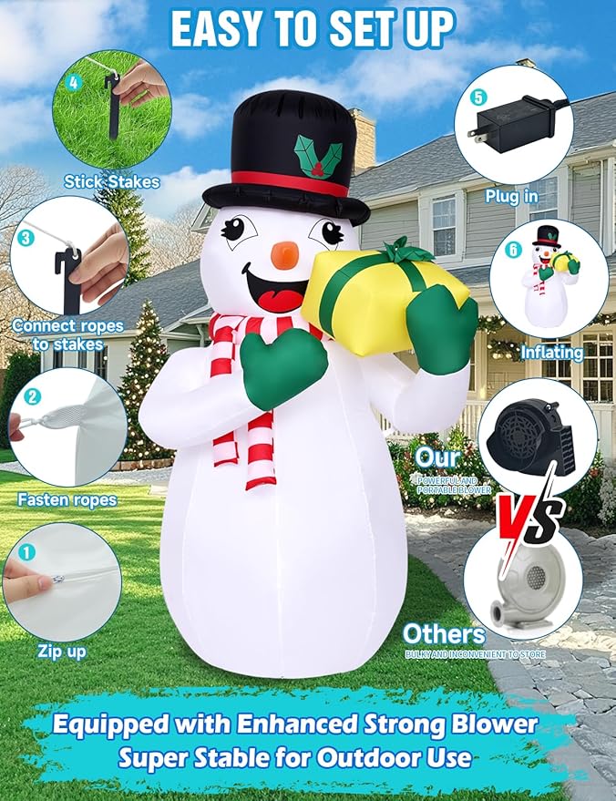 6FT Christmas Inflatables Outdoor Decorations,Inflatable Snowman Holding Gift Box Build-in LED Light-Christmas Blow Up Yard Decorations for for Indoor/Outdoor Holiday Garden Lawn Yard Patio
