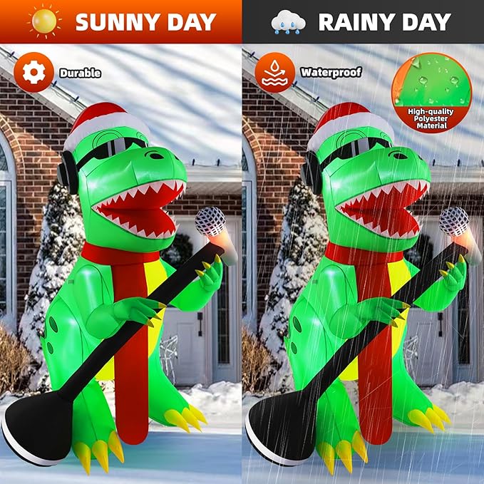 TCFUNDY 6.5FT Christmas Inflatable Dinosaur Singing Outdoor Patio Decoration, Giant Dinosaur with Built-in Bright LED Lights for Christmas Holiday Garden Lawn Decoration
