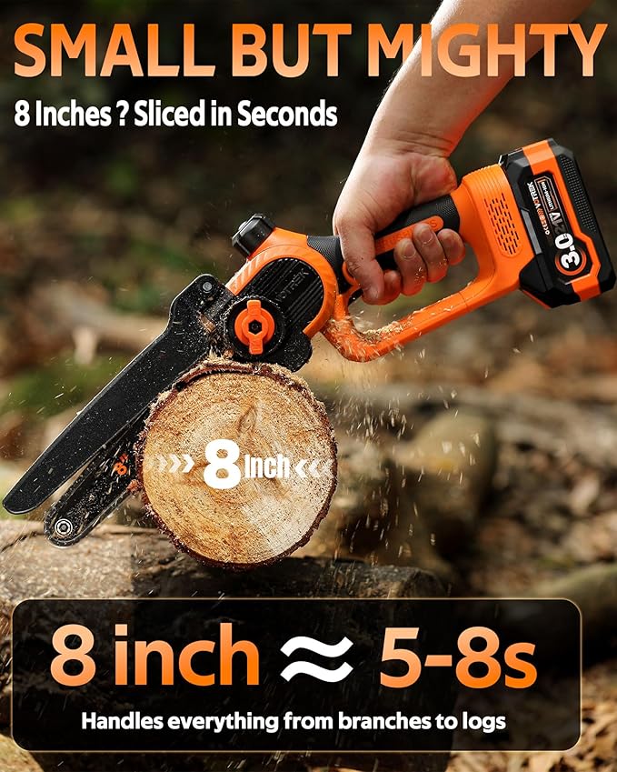 8 inch Mini Chainsaw Cordless with 2x3.0AH Batteries - Powerful Brushless Electric Handheld Small Chain Saw for Wood Cutting, Tree Trimming & Branch Cutting, Auto Oiler & Tool-Free Tensioner