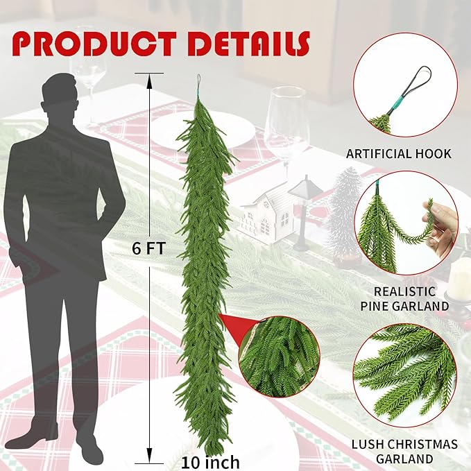 2 Pcs 6 Ft Artificial Norfolk Pine Garlands, Real Touch Winter Pine Garland, Green Artificial Greenery Garland for Table, Mantle, Wall, Indoor, Outdoor Christmas Decorations