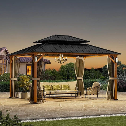 Modern Shade The Horizon Hardtop Gazebo 12' x 14' with 4 LED Lights, Permanent Outdoor Gazebo with Galvanized Steel Double Roof, Grill Pavilion with Decor Hooks, Mosquito Nettings, Wood-Looking