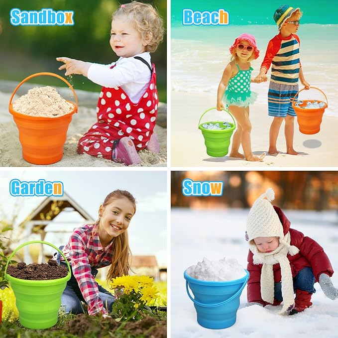 Collapsible Bucket Sandbox Kit Toys for Kids, Foldable Bucket Multi Purpose Sand Pail for Garden Planting Washing Camping Fishing, Beach Essential Travel Toys Summer Activity, Easter Egg Bucket Gift