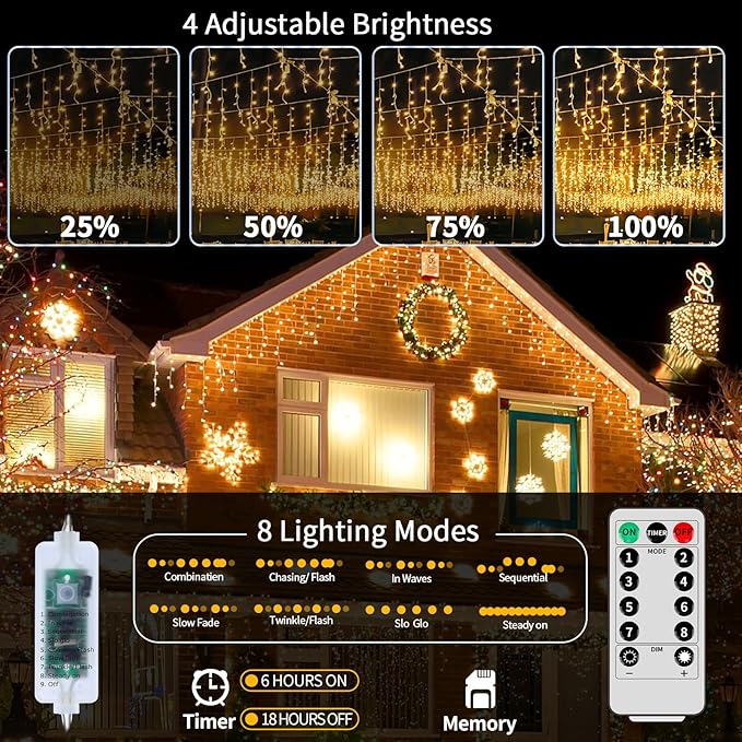 Icicle Lights for Outside, 82ft 880 LED Icicle Christmas Lights Outdoor Waterproof, 176 Drops with Remote, 8 Modes & Dimmable, Timer for Christmas, Wedding, Party, House, Roof Decoration, Warm White