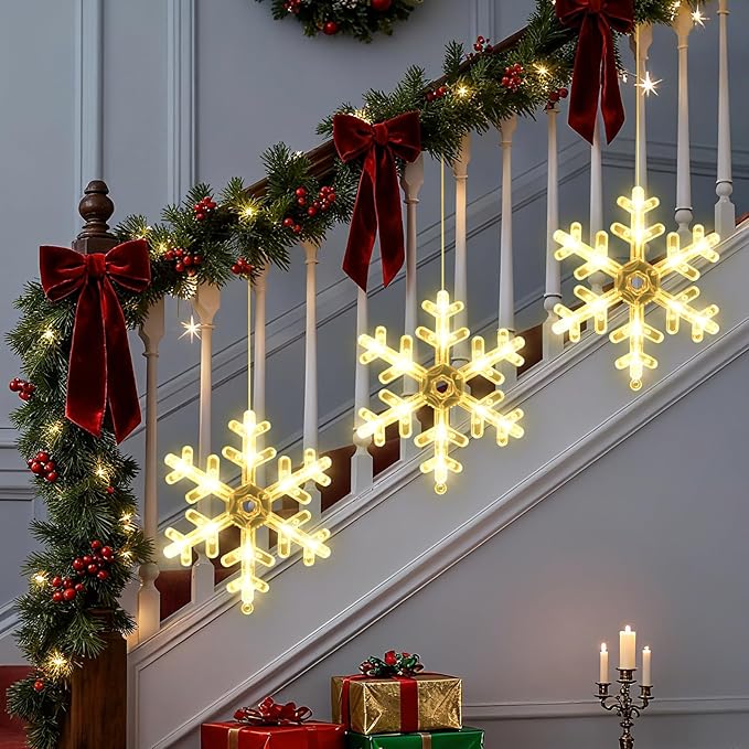 3Pack Christmas Window Lights Decorations with Timer,Battery Powered Christmas Hanging Warm White Lighted Snowflake Shaped LED Sucker for 2026 Xmas Tree Fireplace Indoor Decor