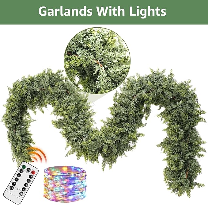 Cedar Christmas Garland with Lights for Mantle - Decorations 9ft Realistic Lighted Faux Pine Garlands for Xmas Home Decoration Indoor Stairs Railing Fireplace Outdoor 9 ft Prelit Garland Door Decor
