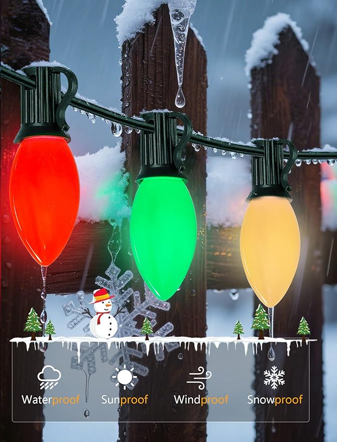 Vintage C9 LED Christmas Lights Outdoor, 50Ft C9 Multicolor Christmas String Lights with 52 Shatterproof LED Bulbs, Hanging Patio Lights for Backyard Roofline Garden Party Pathway Xmas Decorations