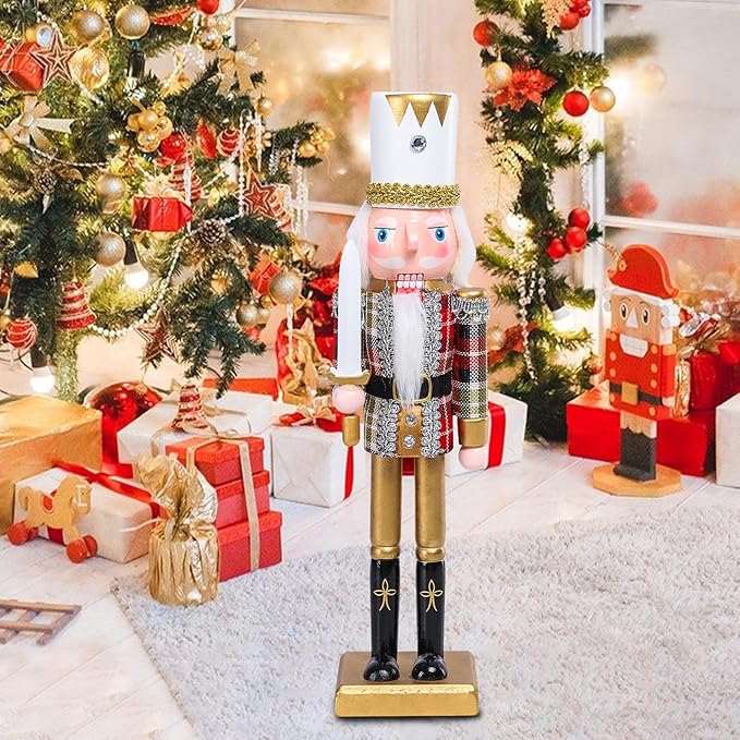 Christmas Nutcracker Decorations Nutcracker Figure 12 Inch Wooden Nutcrackers Collectible Ornament Nutcracker Soldier for Table Desktop Home Christmas Decor Xmas Indoor Decor Plaid Pattern