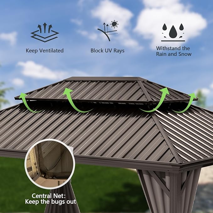 Domi 12x14FT Outdoor Gazebo, Hardtop Gazebo with Galvanized Steel Double Roof, Metal Gazebos with Drainage System Patio Pergola for Patio Deck Backyard,Curtain and Netting,Brown