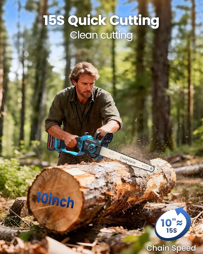 Chainsaw Cordless 12 Inch, Electric Chain Saw with 2*4000mAh Rechargeable Batteries, Powerful Handheld Saw for Tree Trimming Wood Cutting, Perfect Gardening Tools for Thick Branches and Logs