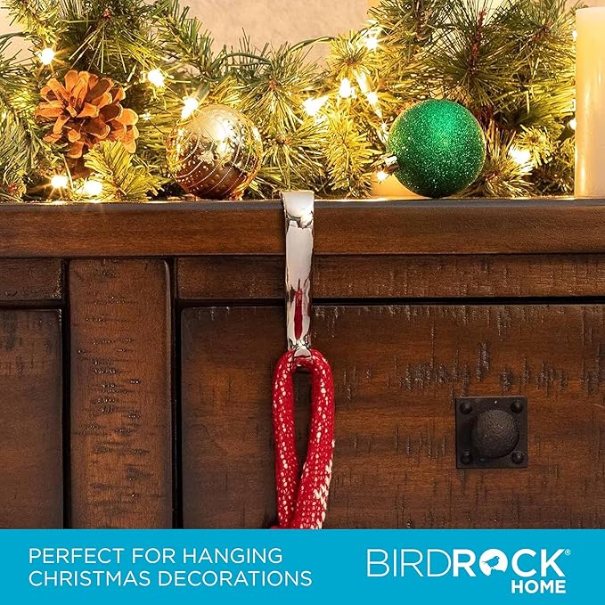 BIRDROCK HOME Christmas Stocking Mantel Hooks - Metal Fireplace Hanger with Non-Slip Pads - Holds Up to 10 lbs - Ideal for Hanging Stockings, Garland & Holiday Decor - 4 Pack, Scroll Design (Silver)