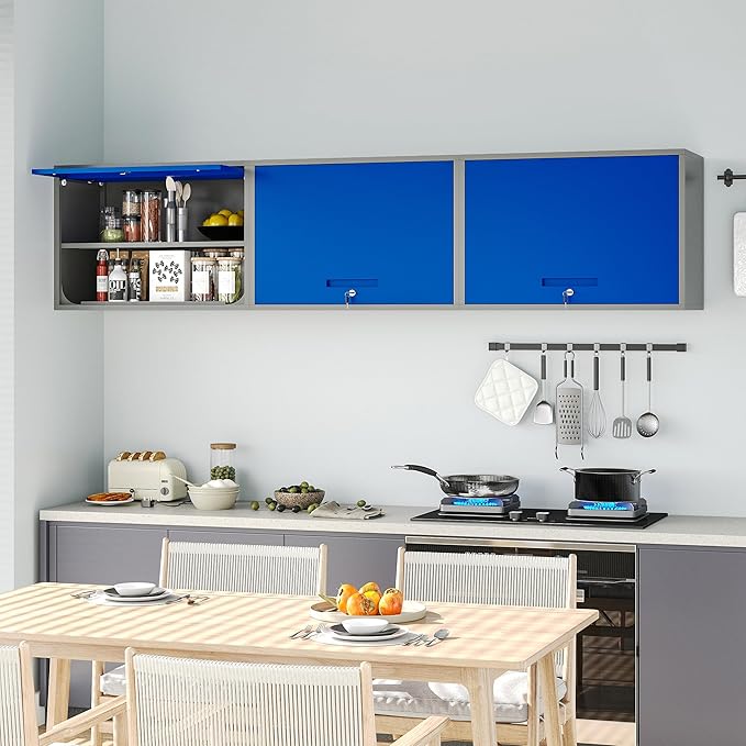 Metal Wall Cabinet with Locking Door and Shelf, Hanging Garage Cabinets with Up-Flip Doors for Garage, Warehouse, Home, Office, Assembly Required (Grey Blue, One Cabinet)