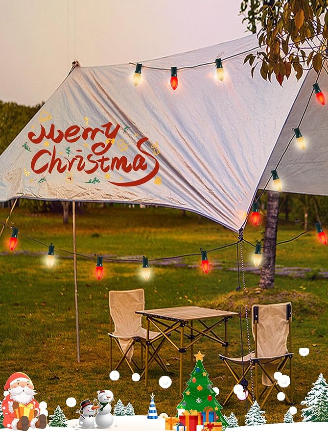 25Ft LED C9 Red and White Christmas Lights Outdoor, C9 Vintage Christmas Lights with 26 LED Red and White Bulbs, Hanging Outdoor String Lights for Patio Outside Holidays Party Xmas Roofline Wedding