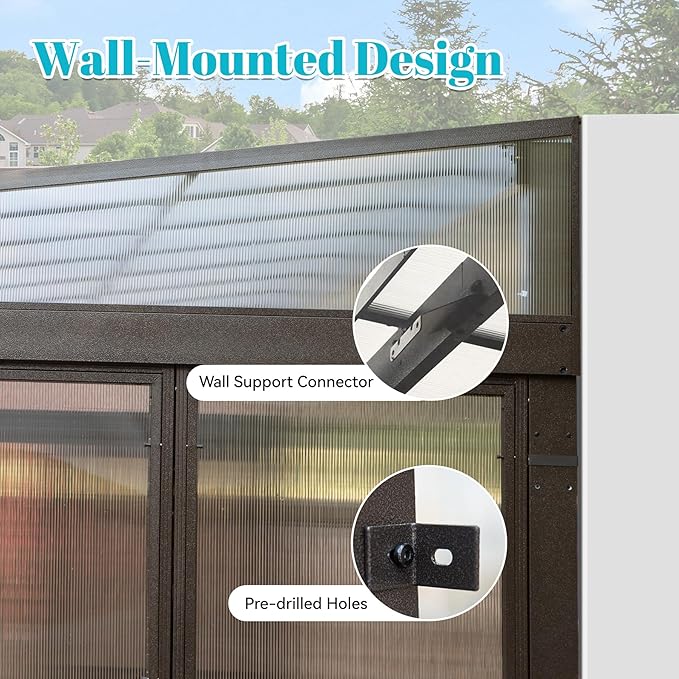12' x 14' Patio Sun Room Kit, Outdoor Lean-to Enclosed Gazebo, Wall Mounted Solarium, All Season Sunroom Against The Wall with Removable Polycarbonate Roof/Windows, 2 Lockable Sliding Doors