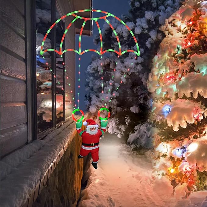 Christmas Decorations Lights Outdoor, 2.8ft LED Christmas Parachute Light with Santa Claus, 8 Modes & Timer Battery Operated Hanging Xmas Lights for Roof Eave Balcony Home Garden Decor (Red Green)