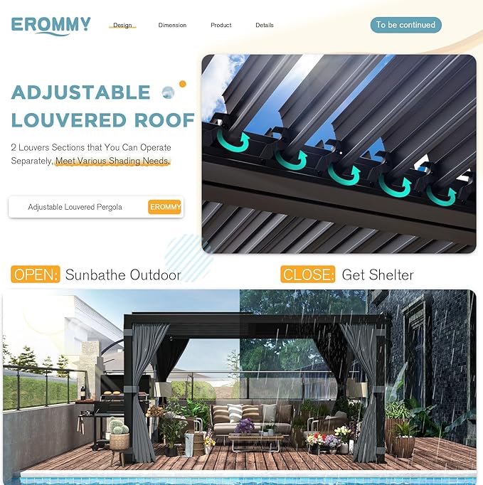 EROMMY Louvered Pergola 11' x 13' Outdoor Hard Top Mansard Roof Gazebo with Aluminum Frame and Adjustable Metal Rainproof Roof for Garden & Patio, Curtains and Netting Included, Gray-Black