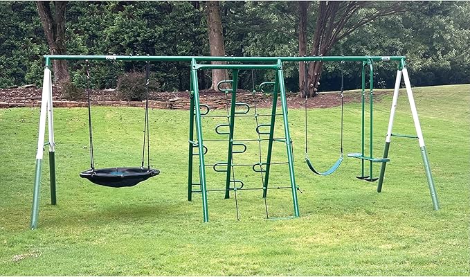 Swing, Climb and Glide Play Center. Backyard Playground Set. Easy Assembly, 7 User / 5 Station Metal Outdoor Play Set for Kids with Two Climbing Stations. 176 L x 69 Deep x 73 H, by XDP Recreation