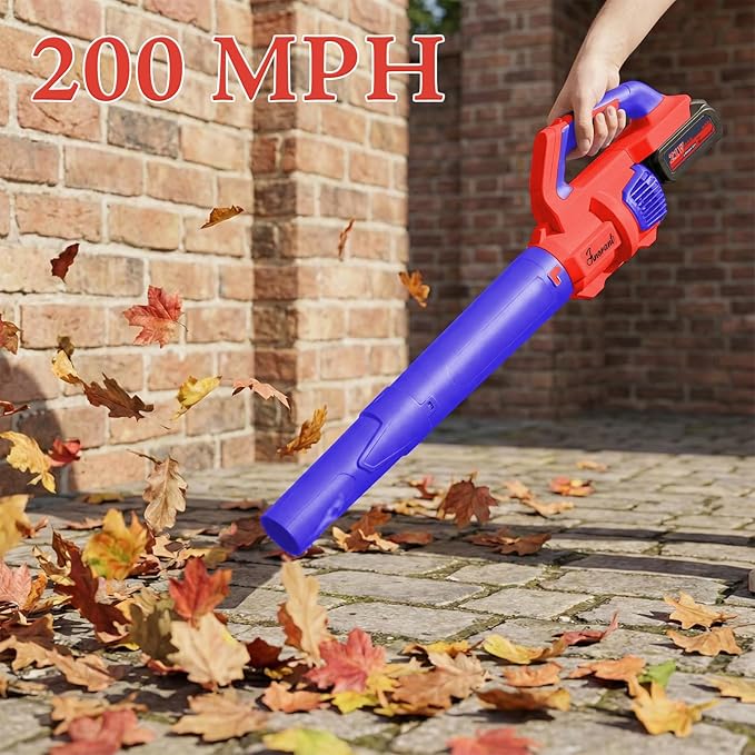 Leaf Blower Cordless with Battery and Charger, 500 CFM/200 MPH, Electric Leaf Blowers with 2 Speeds, 2 Extended Tubes, 1 x 2.0 Ah Battery-Powered Leaf Blowers for Lawn Care, Blowing Leaves, Yard(RED)