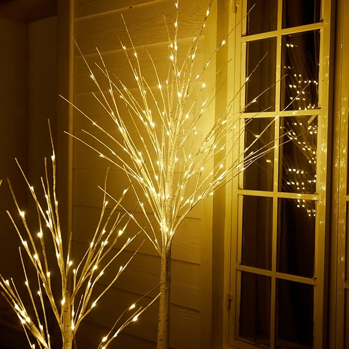 Outdoor Christmas Decoration Lighted Birch Tree, 3 Packs LED Prelit Light up Tree with Burlap Decor, Warm White, Power Supply by Adaptor, Xmas New Year Indoor&Outdoor Decor(4FT&5FT&6FT)