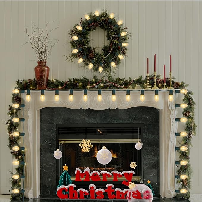 GOOTHY C9 Clear Christmas String Lights, 25Ft Outdoor Christmas Lights with 26 Warm White Bulbs, Hanging Roofline String Lights Vintage Christmas Lights UL Listed for Patio Garden Backyard Decor
