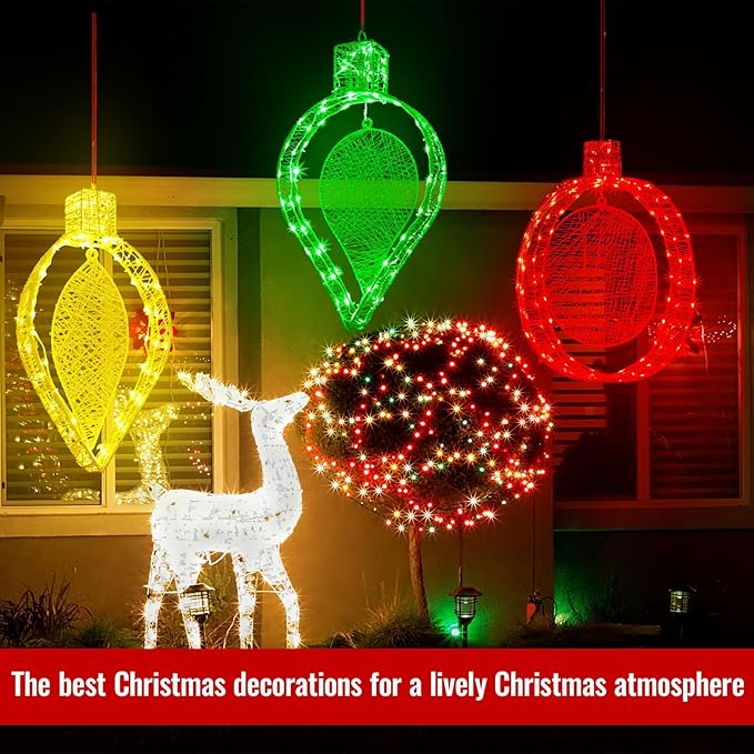 3 Pcs Outdoor Hanging Lighted, 16 h Christmas Pre-lit Hanging Lights Ornament for Outside, Red Green Yellow Metal Christmas Lantern Decoration for Balcony Yard Garden, 300 LED