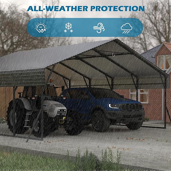 20x20 Carport Heavy Duty, Metal Carport with Galvanized Steel Roof, Metal Car Garage Multi-Use Shelter Outdoor Portable for Car, Boat, Pickup and Tractor