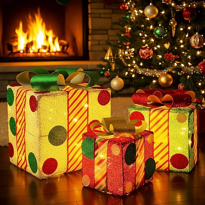 Christmas Lighted Gift Boxes: 3Pack Boxes with led Lights, Pre-lit Present Box with Bowknot Holiday Decorations, Grinchmas Table Centerpieces for Indoor Outdoor Yard Decor