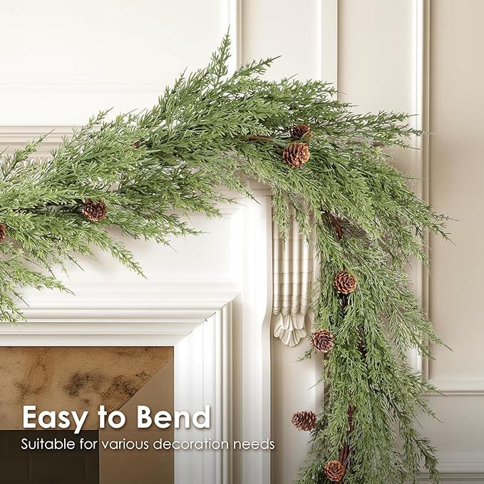 WBHome Real Touch Cypress Cedar & Pine Cone Evergreen Garland for Christmas Holiday Seasonal Outdoor/Indoor Home Decor, 9FT Long
