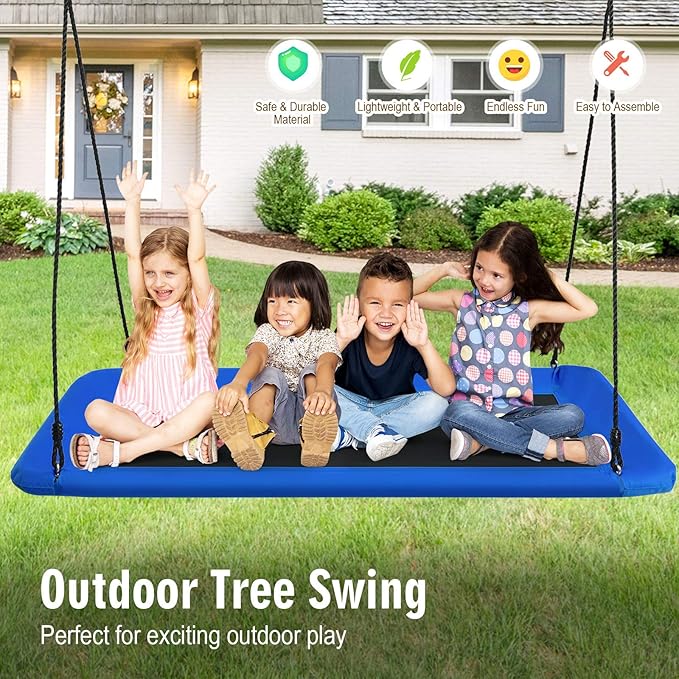 Costzon 700lb Giant 60'' Platform Tree Swing for Kids and Adults, Wear- Resistant Indoor/Outdoor Rectangle Swing with Durable Steel Frame and 2 Hanging Straps for Porch, Backyard (Blue)