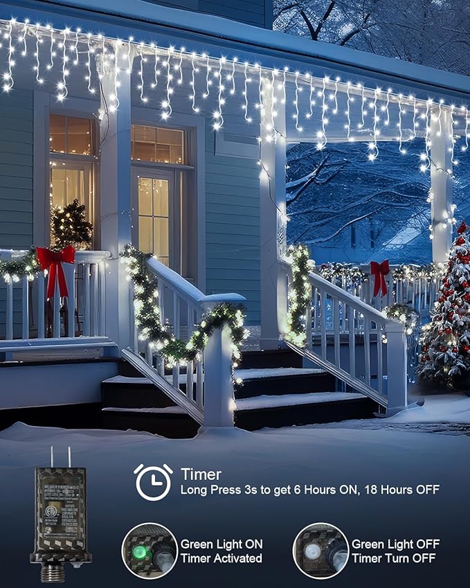 Cool White Christmas Lights Outdoor,2 Pack 53FT 486 LED Plug in Waterproof Christmas Lights for Outside, Timer & Memory, 8 Modes Hanging Fairy Light for Wedding Decorations House Eaves Yard Patio