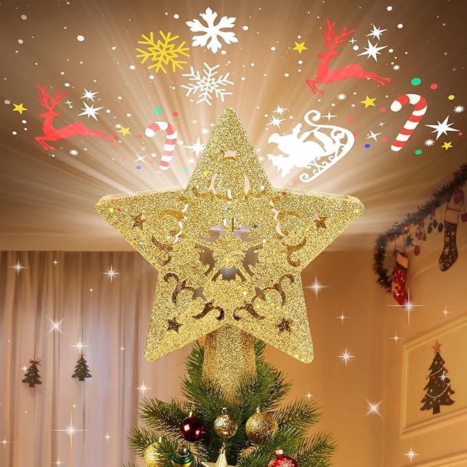 Christmas Tree Topper Lighted with Built-in LED Rotating Star Projector, 3D Hollow Glitter Gold Star Tree Topper for Xmas Party Holiday Christmas Decorations
