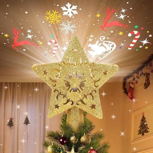 Christmas Tree Topper Lighted with Built-in LED Rotating Star Projector, 3D Hollow Glitter Gold Star Tree Topper for Xmas Party Holiday Christmas Decorations