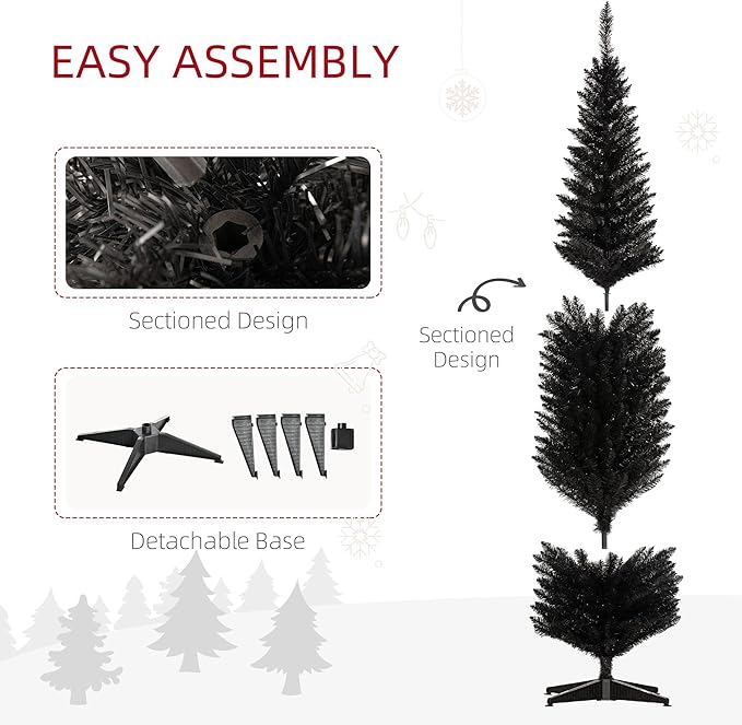 HOMCOM 8' Artificial Pencil Christmas Tree, Slim Xmas Tree with 618 Realistic Branch Tips and Plastic Stand, Black