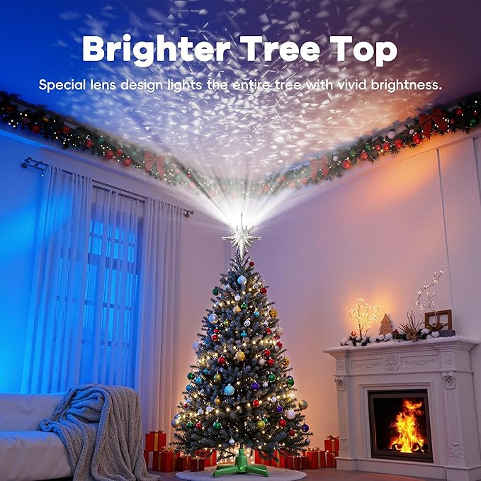2025 Upgraded Christmas Tree Topper Projector Light with Rotating Bright LED & Wide Coverage, Universal Fit for Any Height Tree, Easy Install, Stable Base, Holiday & Party Decorations (Frosted Silver)