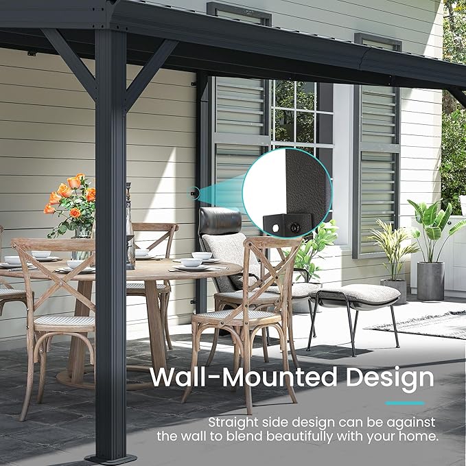 Domi 10' x 14' Lean to Gazebo, Wall Mounted Gazebos Pergola with Built in Drainage System, Galvanized Steel Roof, Hardtop Patio Shelter for Deck, Porch, Backyard and More