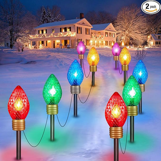 2 Pack Jumbo C9 Christmas Pathway Lights Outdoor - 10.5 Feet 5 Lights Strawberry C9 Walkway Lights, C7 Light Covered Jumbo Multicolor Light Bulb Outdoor Decorations for Lawn Garden Outside