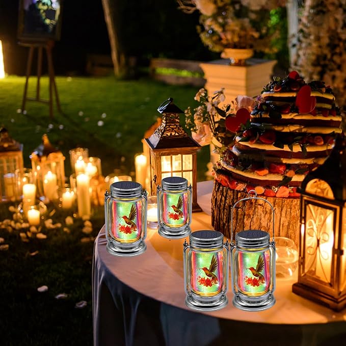 2 Pack Hummingbird Solar Outdoor Lanterns, Gifts for Women Mom Grandma, Vintage Glass Mason Jar Solar Fairy Lights, Waterproof Garden Lights for Patio Yard Lawn Tree Party Decor