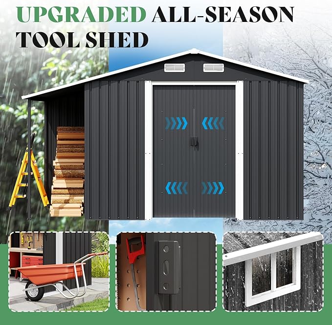 Jocisland 10.6x6.8x6.3 FT Outdoor Storage Shed with Sliding Doors, Two 4-Pane Windows, Open-Air Design Outdoor Shed for Wood Storage, Dark Grey/White