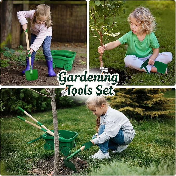 Kids Gardening Tools Set,8Pcs Wheelbarrow Set for Kids with Shovel, Rake, Leaf Rake,Summer Outdoor Backyard Farm Digging Weed Toys Beach, Sand, Garden Play Set Birthday Gift for Boys Girls
