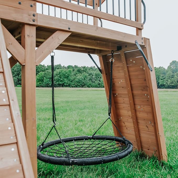 Backyard Discovery Sterling Point Cedar Wood Swing Set with Wave Slide, Raised Clubhouse, Wooden Bridge, Rock Wall, Belt Swings, Web Swing, Trapeze, Balcony, Climbing Wall, Ladder, Outdoor Playset