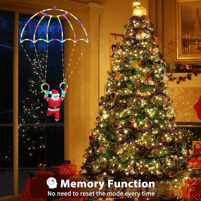 Christmas Decorations Lights Outdoor, 2.8ft LED Christmas Parachute Light with Santa Claus, 8 Modes & Timer Battery Operated Hanging Xmas Lights for Roof Eave Balcony Home Garden Decor (Multicolor)